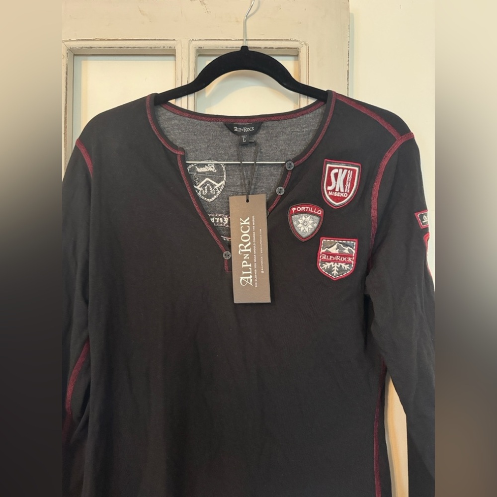 Alp N Rock Women’s Black Long-Sleeve Henley with Patches